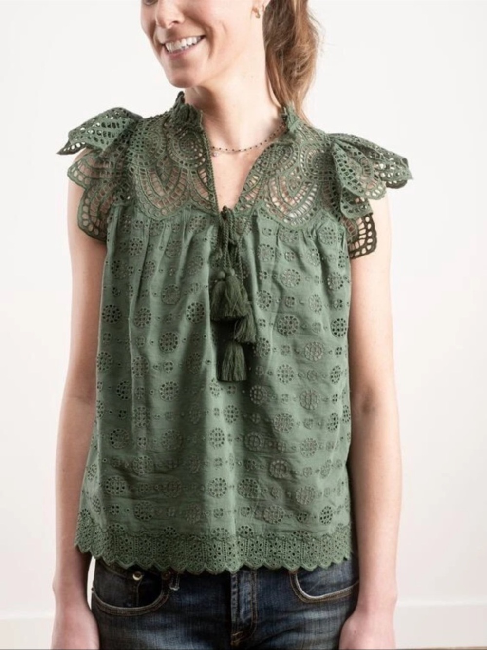 Ulla Johnson Schiffly Green Eyelet Lace-Trim Sleeveless Top